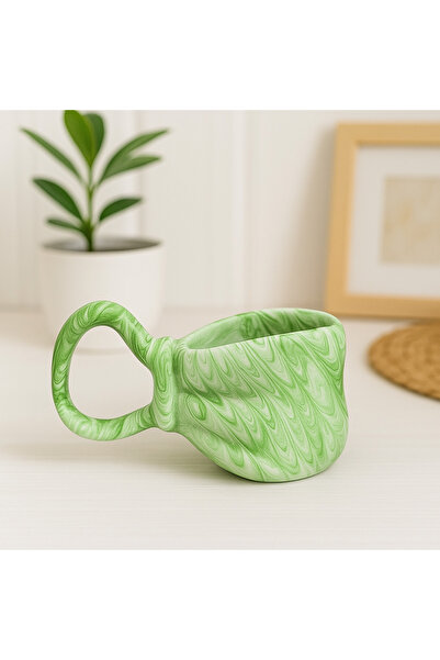 Kotium Ceramics Ribbon Mug Green Marble Patterned Fully Handmade Special Design Ceramic Mug