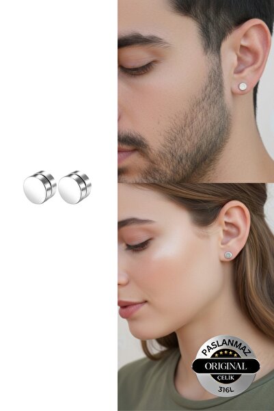Lynare Magnetized Gray Plain Round Women Men Unisex 316L Steel Earrings 8mm 2Pcs