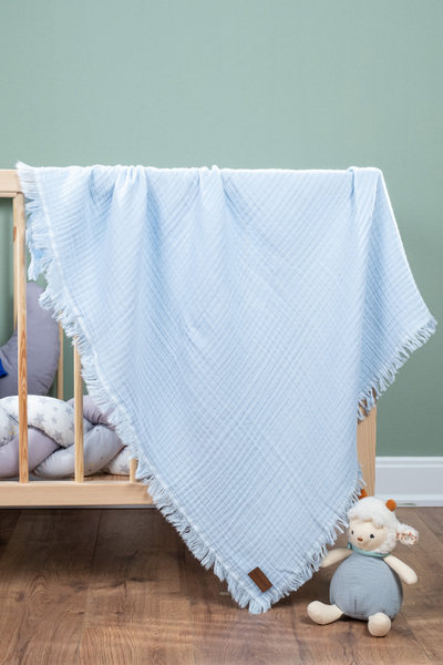 FURYATEX 100% Cotton 4-Layer Muslin Baby Blanket Baby Blue 100X120Cm