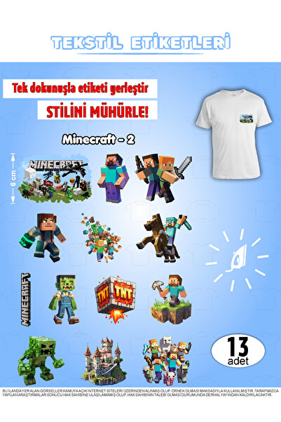 Genel Markalar Ütü ile Yapışan Kıyafet Etiketi Minecraft Serisi -2 13Lü Set