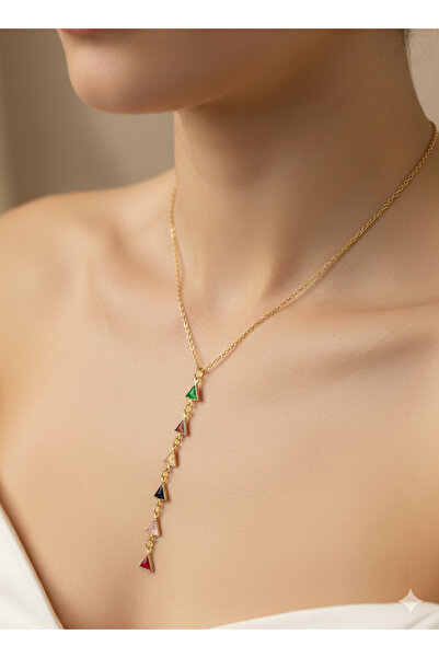 MEEB BİJUTERY قلادة ذهبية على شكل مثلث من الأحجار الكريمة الملونة