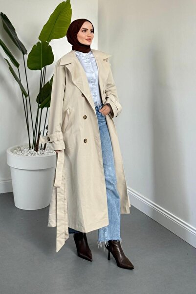 MERVEN AKYÜZ Helora Arka A Pİle Düğmeli Trençkot Krem