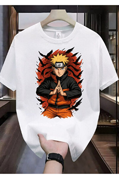 RYO FASHİON TRIOC UNISEX IMPRIMAT NARUTO ALB CU MANE SCURT