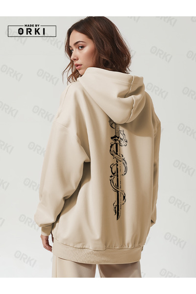 EFFRENATU Φούτερ με κουκούλα σε μπεζ χρώμα με στάμπα Wild Tiger, Unisex, Over...