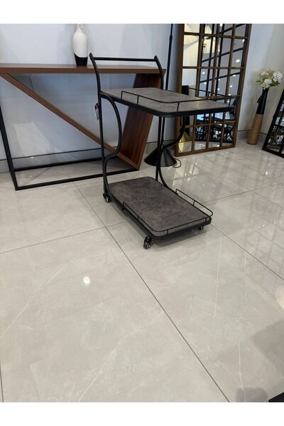 DEC24 Elegant serving trolley with metal frame and wide wooden shelves