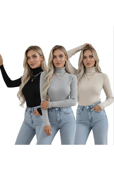 hashtag Boğazlı Uzun Kollu Kadın Body Kazak 3’lü Set - Siyah Gri Bej Renk Seç...