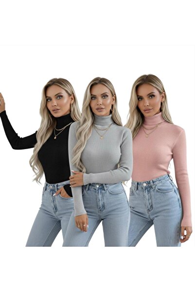 hashtag Σετ 3 τεμαχίων γυναικείο πουλόβερ με ψηλό λαιμό και μακριά μανίκια - ...