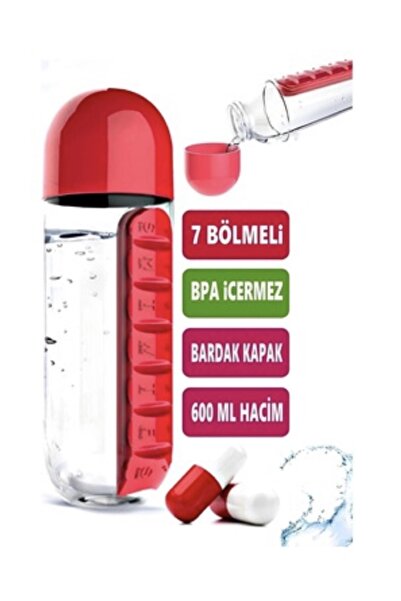 AbaTech 600 Ml 7 Günlük İlaç Saklama Kutulu Hazneli Su Matarası