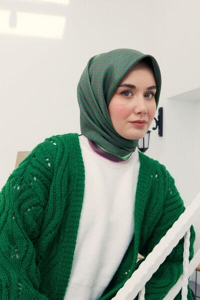Silk Home Yeşil, Eflatun Geometrik Desenli Tivil İpek Eşarp IST 11414 - 36