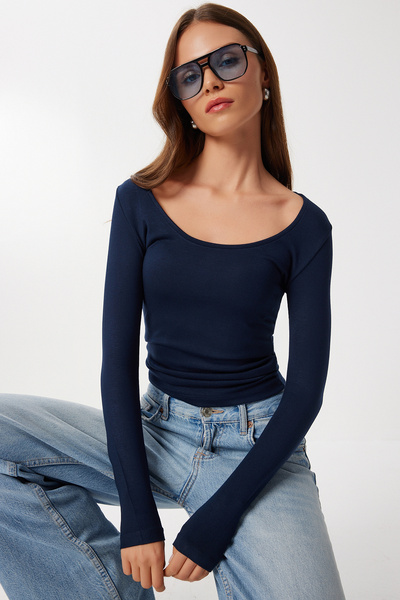 Lovelyİstanbul Bluză modală de bază cu decolteu în U LMW0032 ALBASTRU ÎNCHIS