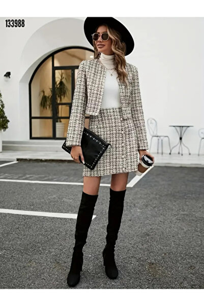 Modayakamoz Yeni Sezon Trend Ceket Etek Takım Kadın Dokuma Kumaş Uzun Kollu ve Düğmeli