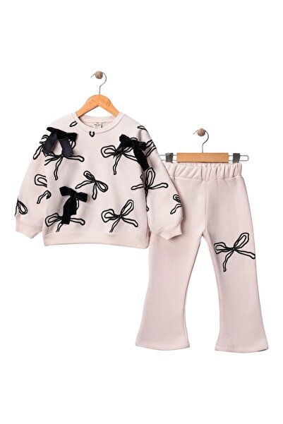 Wow colors Girl's Spanish Flared Leg Bow Printed Tracksuit Set |   3 Threaded Rasterized