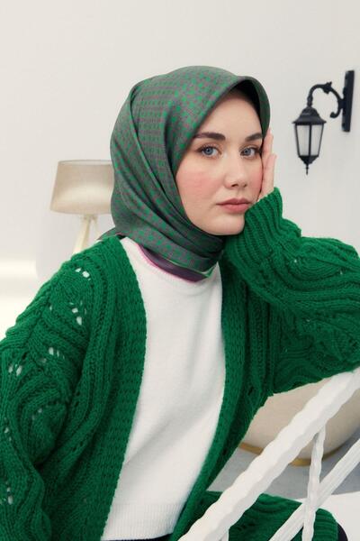 Silk Home Yeşil, Eflatun Geometrik Desenli Tivil İpek Eşarp IST 11414 - 36