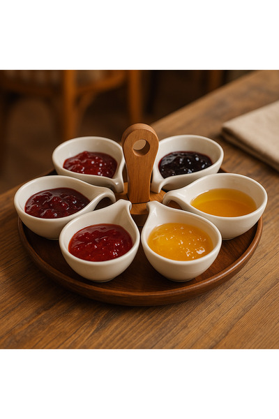 PAPİSAHOME Ahşap Desenli 6'Lı Kahvaltılık Takımı Porselen Sosluk.