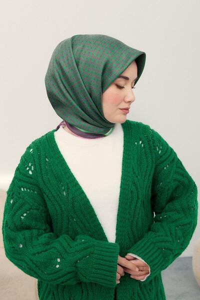 Silk Home Yeşil, Eflatun Geometrik Desenli Tivil İpek Eşarp IST 11414 - 36