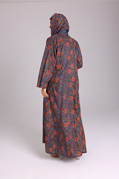 IKKXA Beautiful Orange Flowers Prints Abaya Blue