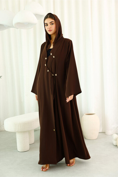 IKKXA Modern Design Star Details Soild Brown Abaya