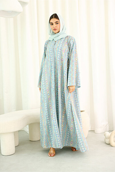 IKKXA عباية زرقاء فاتحة مطبوع بتصميم ماكسي كات