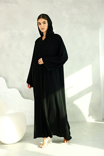 IKKXA Solid Black Embroidery Beaded Abaya