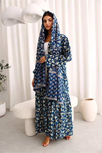 IKKXA Beautiful Floral Prints Design Abaya Blue