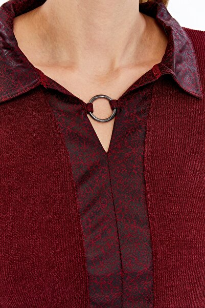 Curvy Trend Plus Size Burgundy Leather Trim Polo Neck Ring Detail Blouse