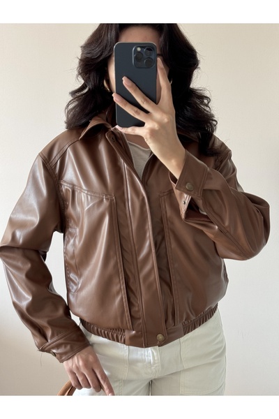 LOCH BUTİK Дамско кафяво яке от таба кожа с широки джобове