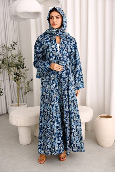 IKKXA Beautiful Floral Gardens Prints Abaya Blue