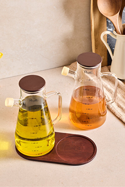 Amentes Gael Wood 2’li 900 ml Tepsili Yağlık-Sirkelik Seti 3 Parça Borosilikat