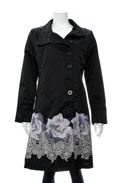 Desigual Albita Floral Print Trench Coat, Black, 42