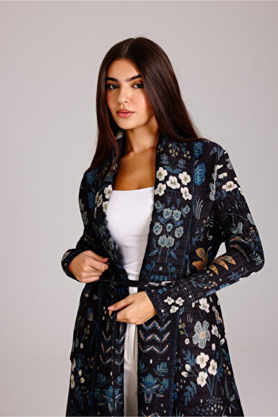 IKKXA Dark Floral Printed Open Belted Freesize Abaya