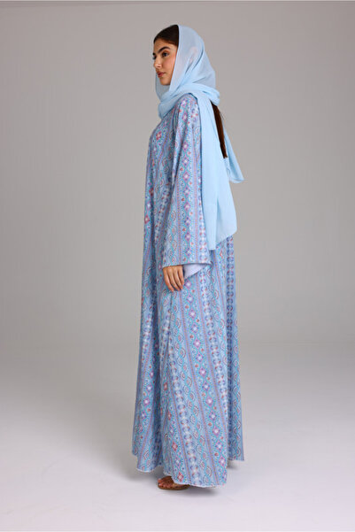 IKKXA Maxi Cut Design Spring Printed Blue Abaya