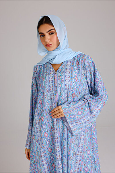 IKKXA Maxi Cut Design Spring Printed Blue Abaya