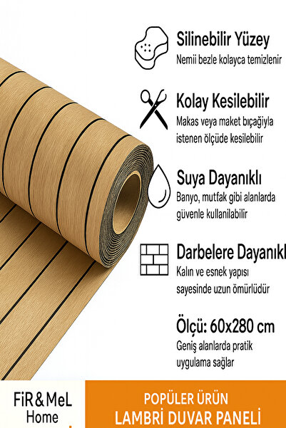 FiR&MeL Home 60cm x 280cm 1 Adet Kendinden Yapışkanlı krem Lambiri Desenli Duvar Paneli Kağıdı