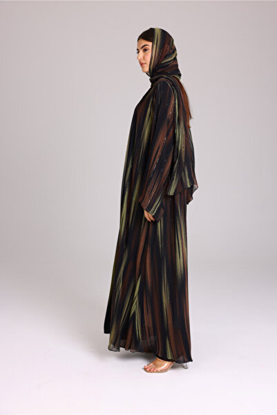 IKKXA Modern Colorful Brown and Green Stripes Abaya