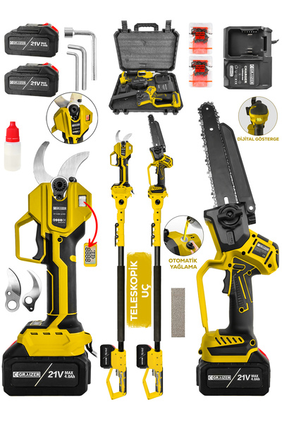 Graizer 50 Mm Dijital Makas Testere 2 Akülü Kömürsüz Şarjlı Ağaç Dal Kesme Budama Makası 2.5 Metre Teleskop