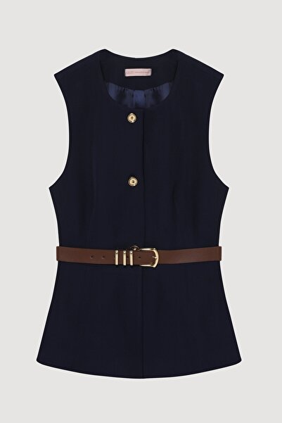 Quzu Bisiklet Yaka Kemerli Kadın Yelek YLK00163 Lacivert