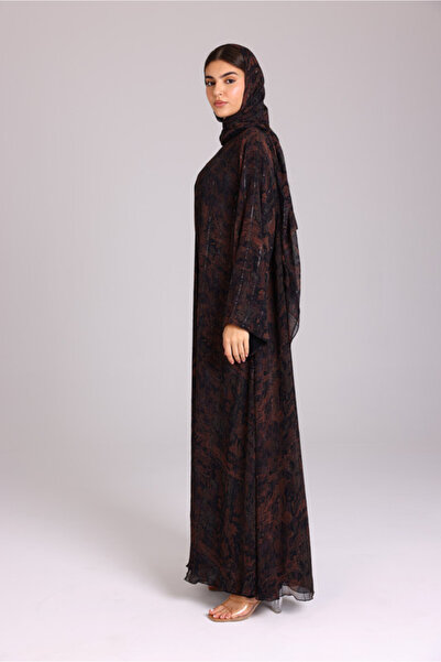IKKXA Modern Maxi Unique Prints Brown Abaya