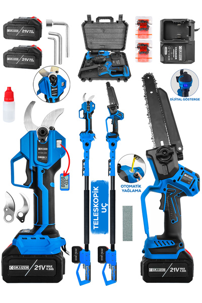 Graizer M 50 Mm Dijital Makas Testere 2 Akülü Kömürsüz Şarjlı Ağaç Dal Kesme Budama Makası 2.5 M Teleskop