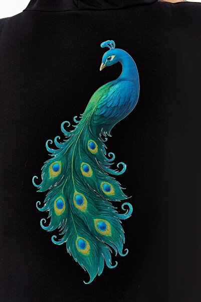 Curvy Trend Plus Size Back Peacock Print Hooded Full Zip Pocketed Soft Flowy Tunic Sweatshirt