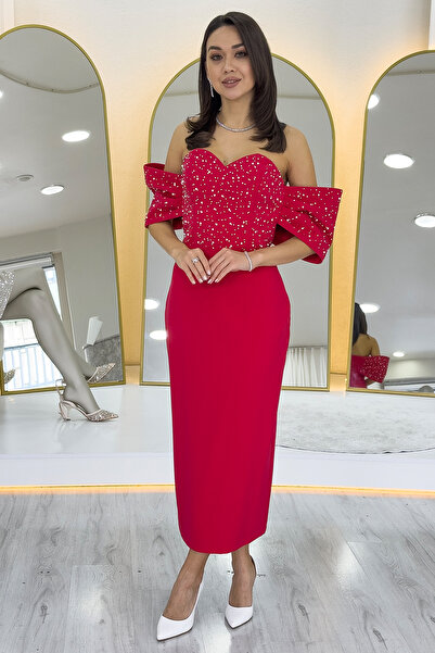 zks grup tekstil Women's Strapless Low Sleeve Pearls Midi Length Dress Water Green, Navy Blue, Red, White, Baby Blue, Black