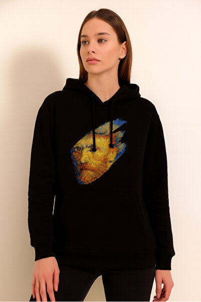 ocke هودي سويت شيرت أسود كبير الحجم مطبوع عليه صورة فان جوخ للجنسين مع جيب كنغر