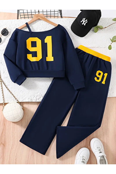 Machetta Дівчачий 91-й принт Синьо-жовтий светр з круглим вирізом Спортивний костюм