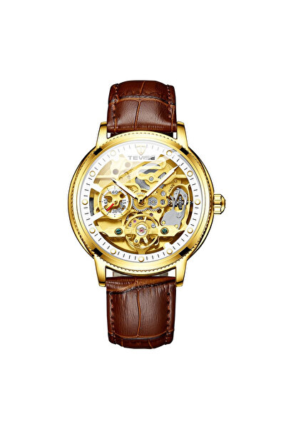 Tevise Ανδρικό ρολόι Automatic Skeleton με δερμάτινο λουράκι, χρυσό καφέ