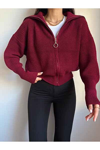 LOTUS CITY سترة تريكو بسحاب وياقة مقلوبة باللون العنابي