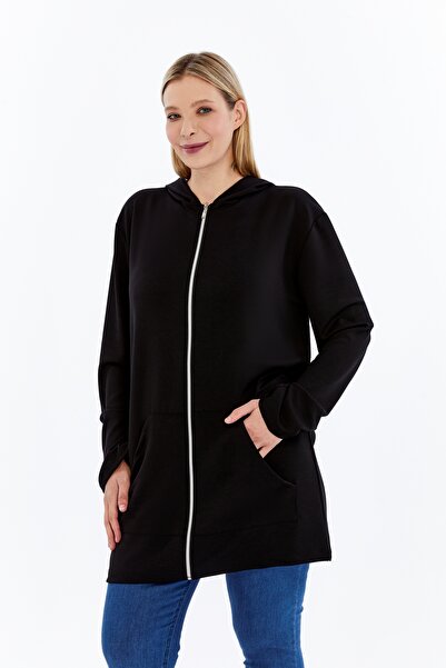 Curvy Trend Plus Size Hooded Full Zipper Pocketed Soft Flowy Fabric Tunic Style Sweatshirt