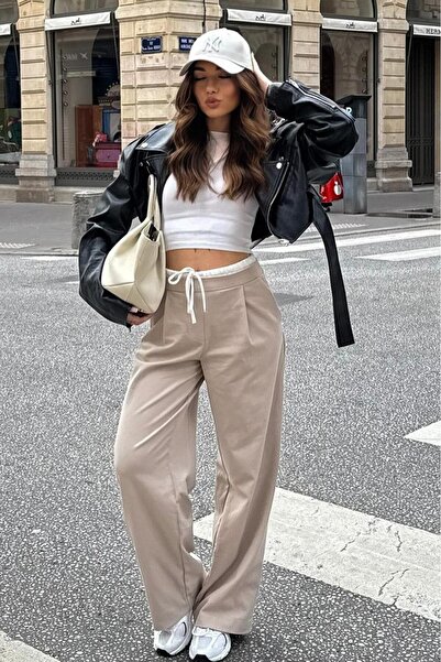 Madmext Bej Çift Bel Bantlı Wide Leg Kadın Pantolon MG2551