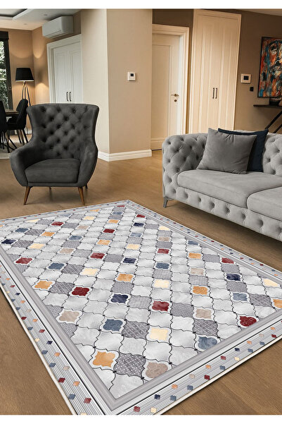 STY Home Gri Dijital Baskı Halı Kaymaz Tabanlı Yıkanabilir Halı Yolluk Salon ...