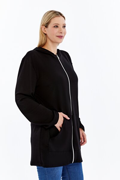 Curvy Trend Plus Size Hooded Full Zipper Pocketed Soft Flowy Fabric Tunic Style Sweatshirt