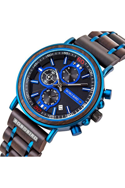 Bobo Bird Ceas bărbătesc din lemn, cronograf, afișaj dată, cuarț, analog, casual, elegant, albastru