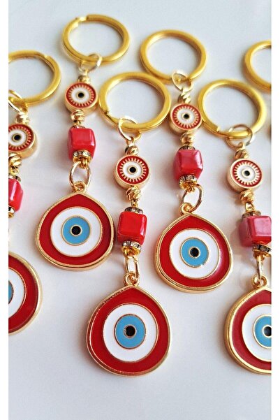 Svc Aksesuar Luxury Gift 10-Piece Large Evil Eye Beaded Red Keychain 10.5 cm